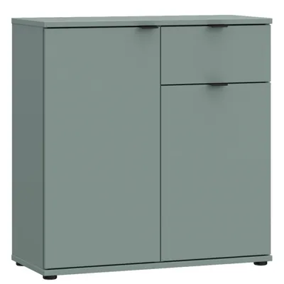 A studio shot of a sage green cabinet with two doors and one drawer.