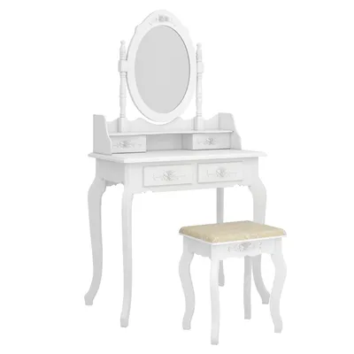 Produktbild von Schminktisch mit Hocker, 360° Drehbarem Spiegel, 4 Schubladen, Frisiertisch, Kosmetiktisch, Make-up-Tisch, 142.5 x 75 x 40 cm, Weiß