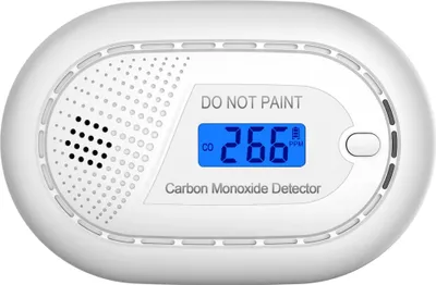 A white carbon monoxide detector with a digital display showing a reading.