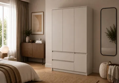 Produktbild von Drehtürenschrank Kleiderschrank Schrank 120 cm Kaschmir/Kaschmir, 4-türig mit 2 Schubladen, Schlafzimmer SOLO 4D2S II