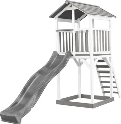 Produktbild von AXI Beach Tower Spielturm aus Holz in Weiß & Grau | Spielhaus für Kinder mit grauer Rutsche und Sandkasten | Stelzenhaus für den Garten