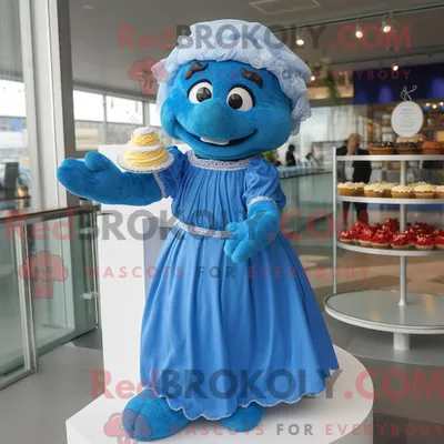 Image de Personnage mascotte REDBROKOLY d un Wedding Cake bleu habillé d une robe longue et de bonnets