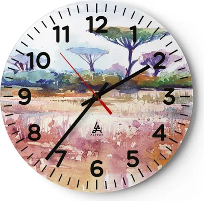 Produktbild von Wanduhr - Rund - Glasuhr - Aquarell Savanne Bäume - 30x30cm - Schleichendes Uhrwerk - Lautlos - zum Aufhängen bereit - Dekoration Modern - Wanddekoration aus Glas - C4AR30x30-4484