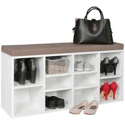 Produktbild von Schuhbank mit Sitzauflage weiß Flurbank 103,5 x 53 x 30 cm | Sitzbank mit Regalfächer | Garderobenbank mit Stauraum