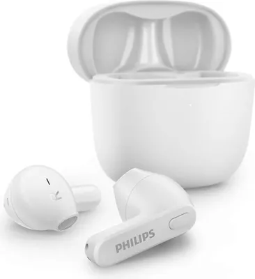 A pair of white Philips in-ear wireless earbuds and their charging case are displayed against a white background.