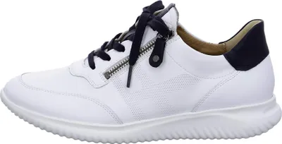A side view of a single white sneaker with black accents.