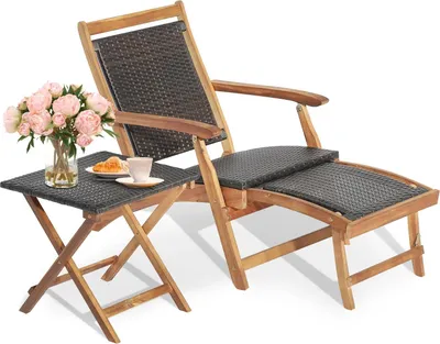 Produktbild von Garten-Set - Klappbare Rattan-Liege mit Beistelltisch - Zweiteilig - Ausziehbare Fußstütze - Akazienholz - Montage erforderlich - Braun