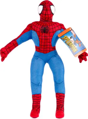 A plush toy of Spider-Man is shown against a white background.