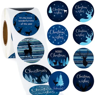 Produktbild von Weihnachtsaufkleber Geschenkaufkleber Etiketten Rolle 500 Stück 3,8 cm selbstklebend Blau Muster 2