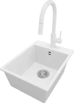 Produktbild von PRIMAGRAN Granitspüle Weiß 38x50cm, Spülbecken 1 Becken + Küchenarmatur 40x20cm + Ablauf-Set, Küchenspüle ab 40er Unterschrank - Riga