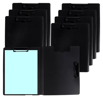 Produktbild von 8 Stück Schwarze Klemmbretter A4 mit Deckel, Faltbare Klemmbrettmappen mit 2 Klemmen, Schreibbretter für Büro, Baustelle und Schule