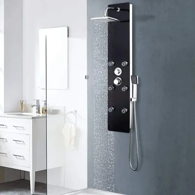 Produktbild von Duschpaneel, schwarz, mit Glasfront, Regendusche, Massagebrausen, Handbrause