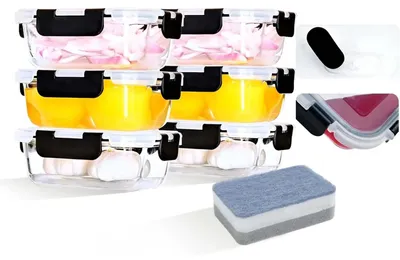 Obrázok produktu pre Sklenené nádoby na uchovanie čerstvosti – sada 6 x 370 ml – borosilikátové sklo – nepretekajúce a vzduchotesné – bez BPA – vhodné do mikrovlnnej rúry a umývačky riadu – čierne
