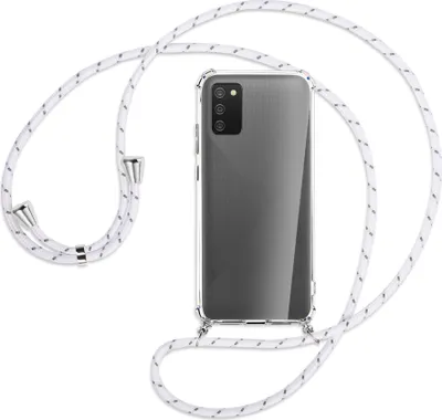Produktbild von Handykette Backcover-Schutzhülle mit Band (Metall silberfarben) für Samsung Galaxy A02s - weiß/grau