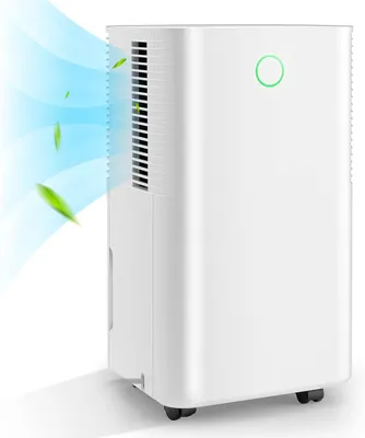 A white electric dehumidifier with blue air flow and green leaves emanating from the side vent, indicating air purification or dehumidification.