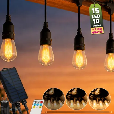 Produktbild von LUMILED Solar Lichterkette Außen Outdoor 15M 15x LED + 2 Ersatzbirnen Flammeneffekt Garten Lichterketten IP65 Wasserdicht 2in1 mit Solarpanel, Strom Fernbedienung Beleuchtung Terrasse Balkon Warmweiß Dimmbar Glühbirnen