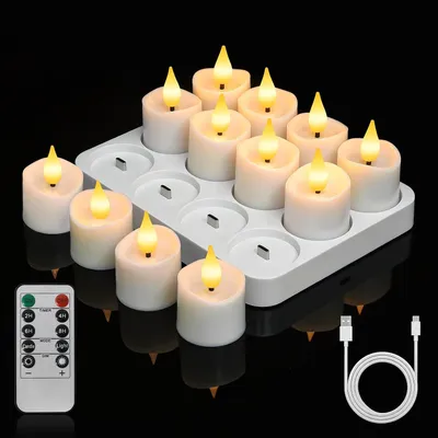 Zdjęcie produktu dla Świece LED, 12 sztuk, ładowalne, z pilotem, timerem i funkcją regulacji jasności, barwa ciepła