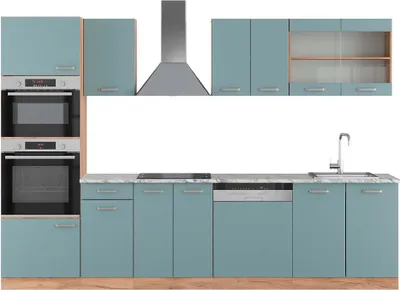 Image de Cuisine Vicco R-Line Bleu-gris/chêne doré 300cm avec armoire haute, PT Marbre, Model 43114