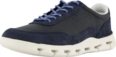 A single blue and white men's sneaker is shown against a white background.
