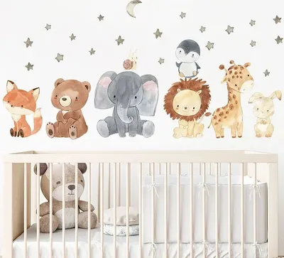 Produktbild von Wandtattoo mit Waldtieren,Wandsticker für Kinderzimmer,Elefant,Giraffe,Bär,Fuchs,Löwe,Sternen und Mond