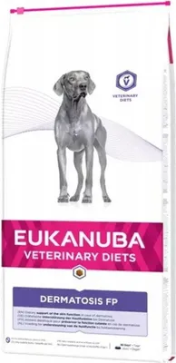 A bag of Eukanuba Veterinary Diets Dermatosis FP dog food.