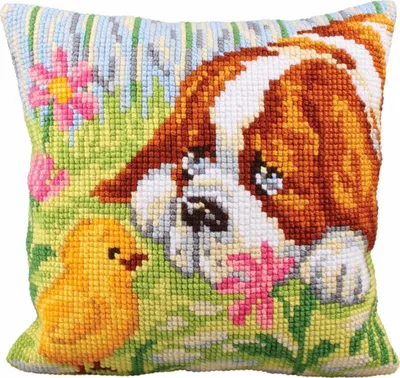 Produktbild von CdA Kissenbezug mit Kreuzstichmotiv "Hund und Küken", 5209, 40x40 cm, mit vorgezeichnetem Stickmuster