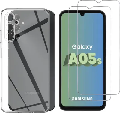 A clear product shot of a phone case and two screen protectors next to a smartphone displaying its model name.