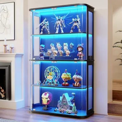 Produktbild von Glasvitrine Stehend mit Rundbogen-Glastür, 4-stöckig, 3-Farb-LED, Bewegungssensor, Schwarz, 98x39x170cm
