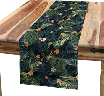 Immagine prodotto di ABAKUHAUS Runner da tavola con motivo palma, effetto acquerello, disegno con motivi estivi: foglie, fiori di ibisco e foglie esotiche, 40 x 180 cm, multicolore