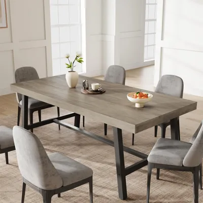 Immagine prodotto di Tavolo da pranzo rettangolare, 180 cm, per 6-8 persone, con piano in legno grigio e struttura in metallo nero