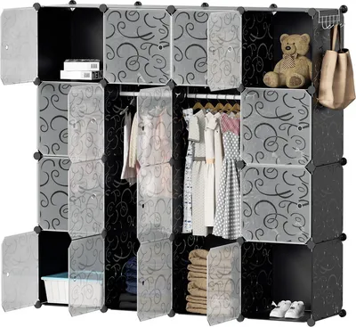 Obrázek produktu pro Clanmacy 16 boxů DIY policový systém Šatní skříň Šatní skříň Zásuvná police 140x140x35cm Černá a bílá