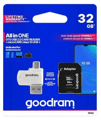 Zdjęcie produktu dla Goodram M1A4 All in One, 32 GB, MicroSDHC, Klasa 10, UHS-I, 100 MB/s, 10 MB/s