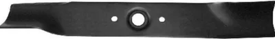 A black lawnmower blade is shown against a black background.