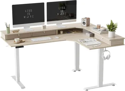 Obrázek produktu pro FEZIBO Třímotorový elektrický výškově nastavitelný psací stůl ve tvaru L 160 x 120 cm bílá/světlý ořech