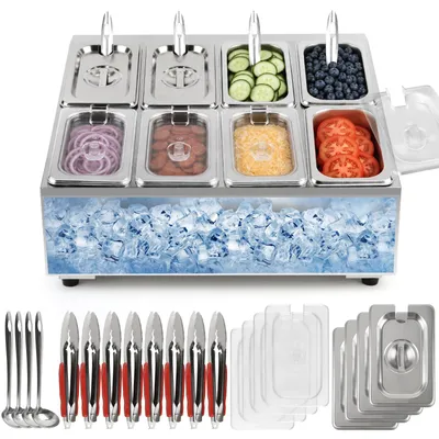 Pizza-Topping-Station, 8 Edelstahlbehälter mit Deckeln