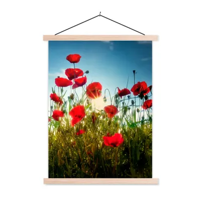 Produktbild von MuchoWow® Textilposter Mohnblumen - Toskana - Sonne - Rot - Blau 40x53 cm mit holzfarbenen Rahmen - Schlafzimmer