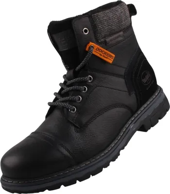 A single black leather boot is shown against a white background.