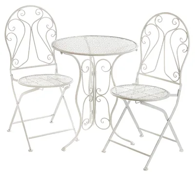A white metal bistro set with a round table and two chairs, displayed on a white background.