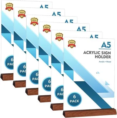 Produktbild von Ibenzoa® Acryl T-Aufsteller A5 – 6 Stück, transparente Menükarten- & Flyerhalter 21,2 x 15 cm, stabiler dreieckiger Standfuß