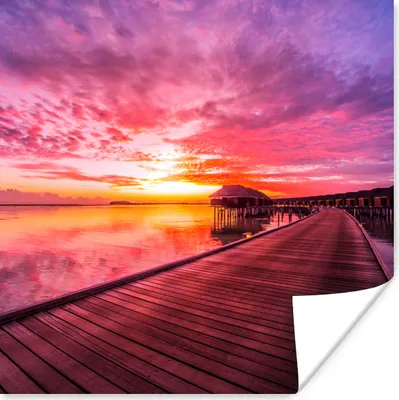 Produktbild von MuchoWow® Poster Steg - Wasser - Sonne - Rosa - Horizont 50x50 cm - Wohnzimmerdekoration