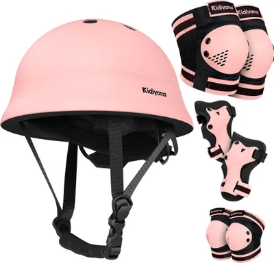 Immagine prodotto di Casco Kidiyana per bambini XS (48-54 cm) + protezioni - S - Pacchetto rosa - Amazon
