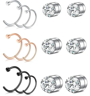 Produktbild von Fake Nasenring Set 15 Stück | Edelstahl | 20G | 6mm/8mm/10mm | Silber, Rosegold, Schwarz | Magnetisch mit CZ