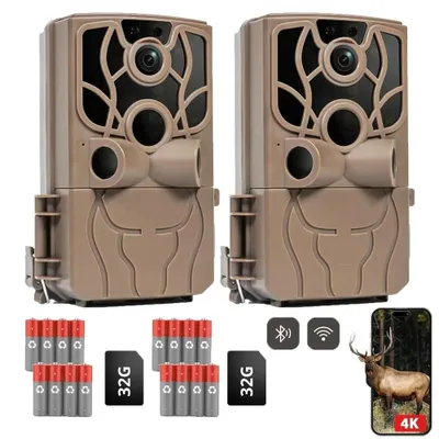 Obrázek produktu pro 4K 48MP kamera pro sledování zvěře s přenosem do mobilu přes aplikaci, kamera pro sledování zvěře s Wi-Fi a snímačem pohybu, noční vidění, 120° širokoúhlý objektiv, kamera pro sledování zvěře, vodotěsná (IP66), 2 ks