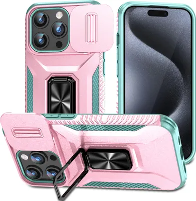 Produktbild von Handyhülle für iPhone 15 Pro Dual Layer Hülle mit Schiebe Kamera Schutz und Ringhalter Ständer Pink