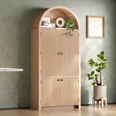 Immagine prodotto di Mobile a forma di arco Flieks con ripiani sulle ante e vano superiore aperto, mobile da cucina, mobile alto 80x40x180 cm, effetto legno