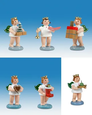 Produktbild von Holzfigur Engelfiguren mit Geschenk 6-teilig und Krone Höhe 6cm NEU