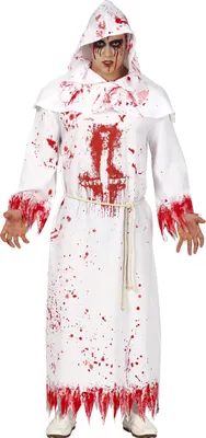 Produktbild von Halloween Mystischer Mönch Blutflecken Kapuze Gruselig Kostüm, Größe: 52 - 54 (L) Farbe: Weiß