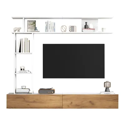 Obrázek produktu pro 180*35*22,5 cm TV nástěnná skříňka s vitrínami, mediální stěna včetně TV desky, stojící police a nástěnné police, TV nábytek do obývacího pokoje, TV skříňka, stojící a závěsná
