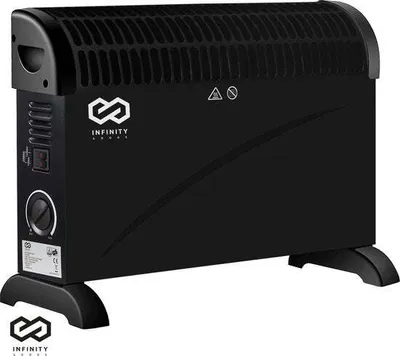 A black electric convector heater with its stand is shown against a white background.