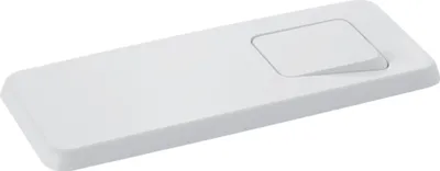 A white rectangular toilet flush plate with a single button is shown against a white background.